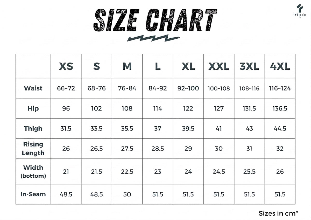 Triquix 3/4 cargo pants size guide and measurements chart